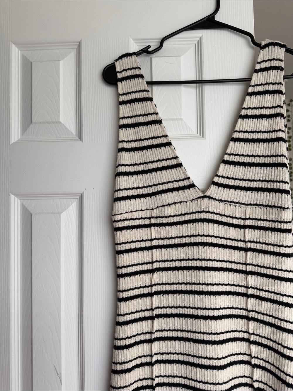 Striped Knit V-Neck Tank Dress in Cream and Black